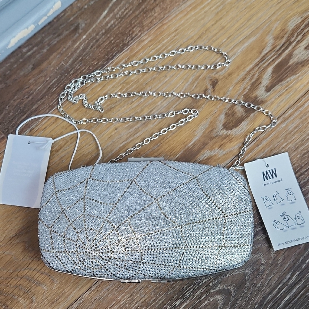 NWT MW Most Wanted Web Spiderweb Rhinestone Silver Gold Clutch Purse Handbag Bag